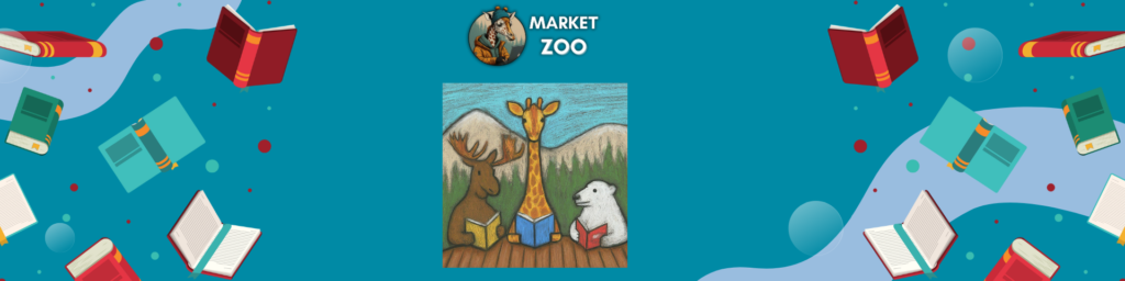 Website banner for MarketZoo, where a giraffe and a moose are reading calmly in a rich blue-colored mountain background.
