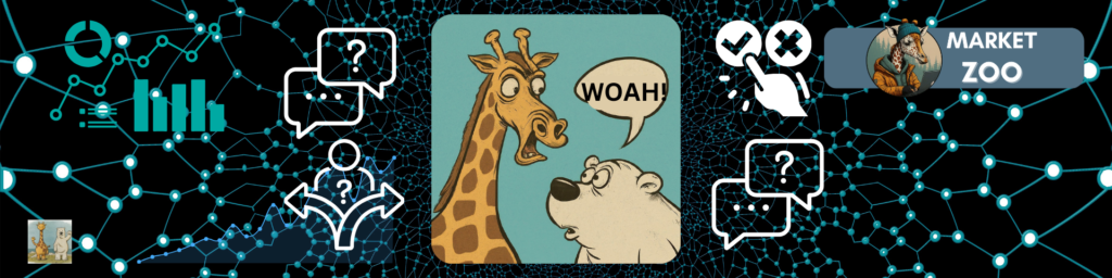 MarketZoo web banner MarketZoo website banner. A giraffe and a polar bear are having a conversation. The giraffe is perplexed by what the polar bear has just told him.